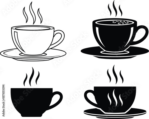 Hot coffee cup illustration set, black and white steaming mug icons and silhouettes, beverage symbols for cafe menu, drink branding, and design use