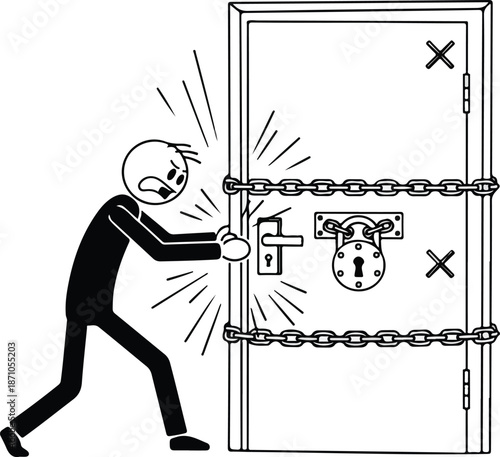 Man Trying to Break Locked Door Chains.