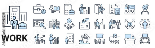 Work web icon set. Containing job, career, employment, meeting, organization, teamwork and networking icons. Vector illustration.