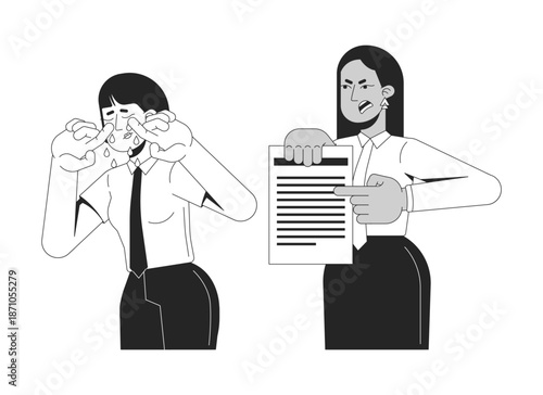 Emotional abuse at work outline illustration. Workplace bullying. Harsh criticism. Blame culture. Female boss making coworker cry 2D line characters isolated. Monochrome vector ink linear image