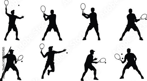 Dynamic silhouettes of tennis players performing serves, forehand, and backhand strokes with rackets and balls in energetic sports action illustration