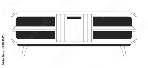 Media console table 2D line object. Modern storage cabinet. Contemporary furniture for living room. Sideboard with open shelves isolated clipart vector ink outline item. Monochrome spot illustration