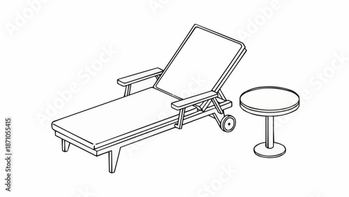 Outdoor lounge chair and small table line art illustration.