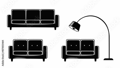 Modern black sofas and arc floor lamp illustration.