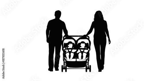 Parents pushing a twin stroller with two babies inside silhouette.