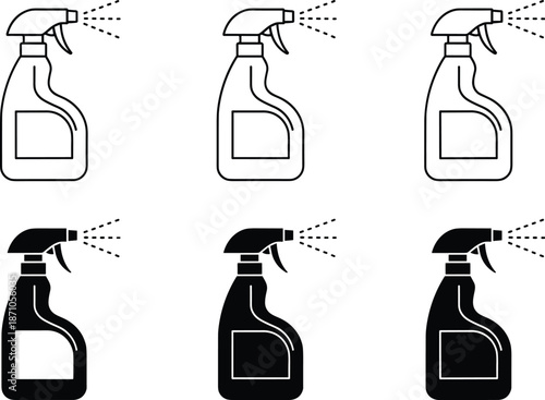 Spray bottle icon set, cleaning liquid container symbols, detergent and disinfectant sprayer designs, black and white vector illustration