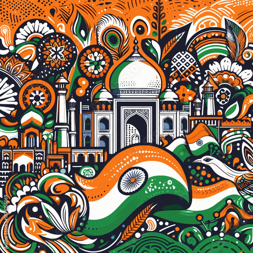 A vibrant, psychedelic tribute to India featuring the Taj Mahal, majestic peacocks, and blooming lotuses. Intricate mandalas and rich gold-and-red tones create a stunning, spiritual cultural mosaic.