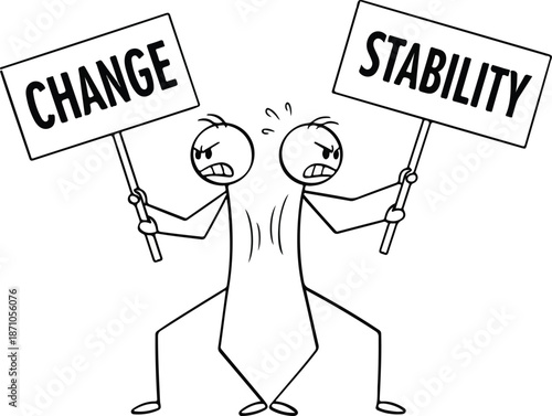 Two figures in conflict holding signs for change and stability.