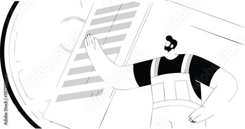 A man in overalls is cleaning a window with a squeegee on a ladder outdoors in a modern setting