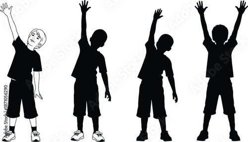 Black and white children stretching silhouettes illustration set, kids exercise poses, active lifestyle, fitness and health concept isolated