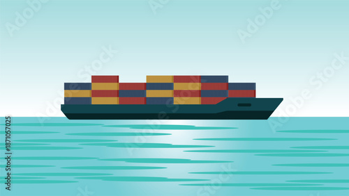 Flat style cargo ship carrying stacked containers across calm blue sea ideal for global shipping logistics trade import export transport business maritime concepts