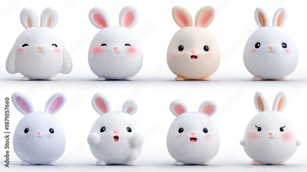 Fototapeta premium Cute Pastel Bunny Figurines – Adorable Kawaii Rabbit Toy Collection
