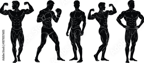Silhouettes of muscular male bodybuilders flexing in classic competition poses, showcasing strength, fitness, anatomy, and physique for sports illustration