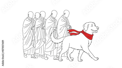Vector Illustration of Peace Dog Walking with Monks