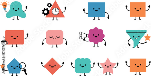 Cute abstract shape character icons set featuring playful geometric mascots, friendly expressions, creative design elements, and fun cartoon illustrations for modern branding and UI projects
