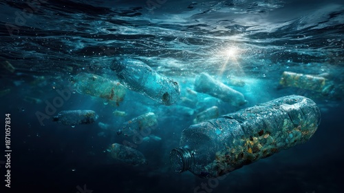 Underwater scene shows many plastic bottles floating, with light shining down from above
