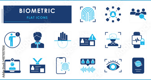 A set of flat icons related to Biometric. Facial, recognition, hand, finger, voice, identity, eye, search, DNA, and so on.