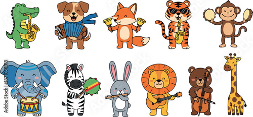 Cute animal band characters vector set with musical instruments, playful zoo animals performing music in flat cartoon illustration style isolated on white background