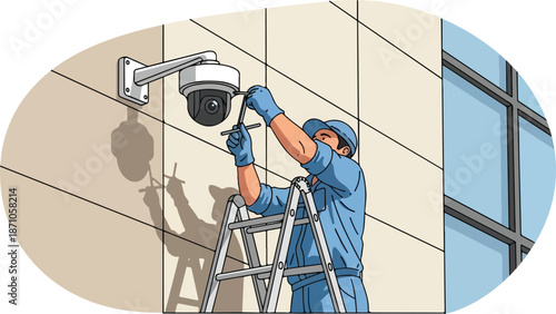 Technician Installing Security Camera on Building Exterior.