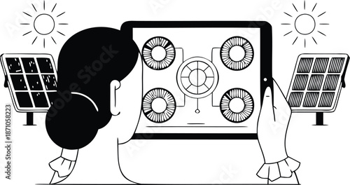 Woman examines solar panel efficiency on tablet with sun and renewable energy diagrams