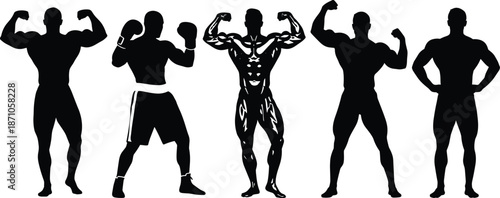Strong muscular male silhouettes flexing biceps, boxing stance, bodybuilding poses, fitness strength training, athletic physique, gym workout illustration design