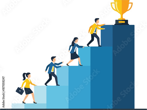 Business Professionals Climbing Stairs to Trophy.