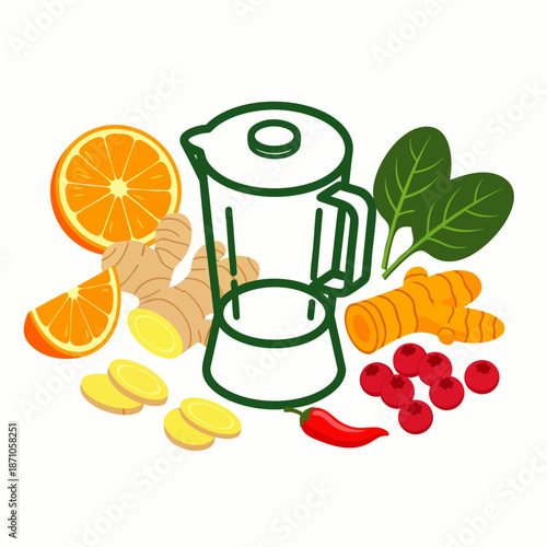 Assortment of fresh, vibrant ingredients for a healthy detox smoothie or juice, surrounding a blender outline. Ginger, turmeric, orange, spinach, berries, chili.