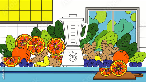 Vibrant flat design illustration of a kitchen counter with fresh fruits, vegetables, and a blender, perfect for healthy smoothie preparation and nutritional concepts.