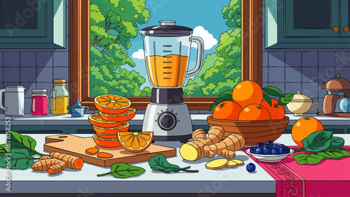 Healthy orange smoothie preparation in a bright kitchen. Blender, fresh oranges, spinach, ginger, turmeric, blueberries on counter for nutritious lifestyle.