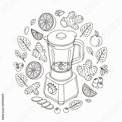 Healthy smoothie ingredients and blender line art illustration. Detox and wellness concept with fresh fruits, vegetables, and superfoods for a nutritious drink.
