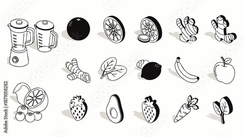 Isometric line art icons of healthy food ingredients and kitchen tools for smoothies and juices. Features fruits, vegetables, and a blender.
