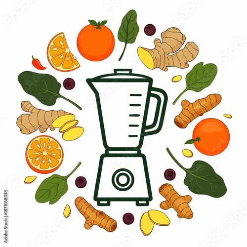 Healthy smoothie ingredients illustration with a blender, featuring vibrant oranges, fresh spinach, ginger, and turmeric for a nutritious drink.