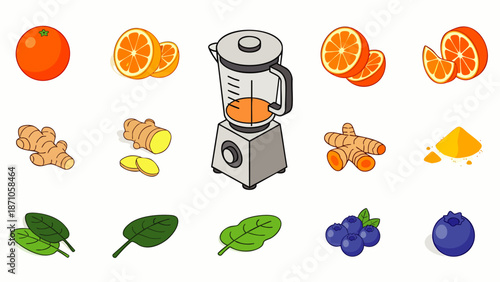 Isometric illustration of healthy smoothie ingredients: oranges, ginger, turmeric, spinach, and blueberries with a blender for fresh detox drinks and nutrition.