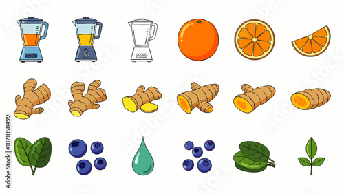 Healthy smoothie ingredients and blenders vector set. Fresh oranges, ginger, turmeric, blueberries, green leaves, water drop. Detox, nutrition concepts.