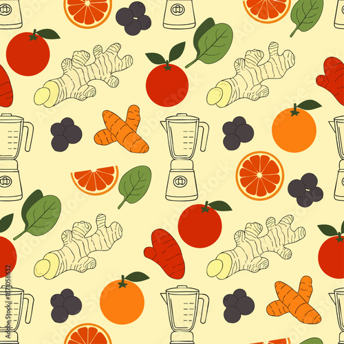 Seamless pattern of fresh fruits, vegetables, and a blender, perfect for healthy eating, smoothie recipes, and nutritious lifestyle designs. Vibrant vector background.