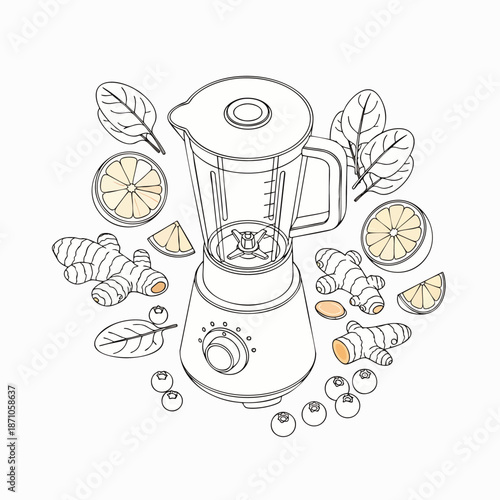 Isometric line art illustration of a blender with fresh ingredients like spinach, lemon, ginger, and blueberries for healthy smoothies and detox drinks.