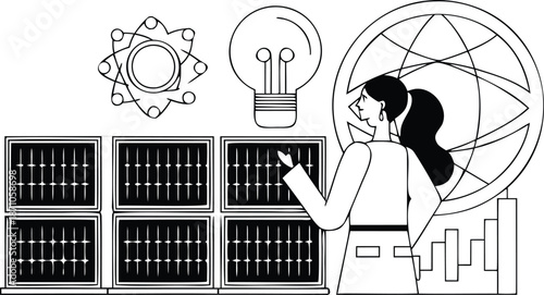 Woman interacting with solar panels and globe with lightbulb and gear icons representing renewable energy