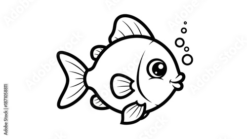 Simple Black and White Cartoon Fish Illustration.