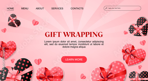Gift Wrapping landing web page template with heart shaped gift boxes. Valentines day vector illustration