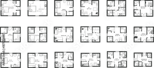 Collection of small house and apartment floor plans, compact living space layouts, modern residential blueprints, tiny home design templates, real estate architecture illustrations.