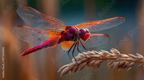 Vibrant dragonfly rests delicately on a stem, showcasing intricate wings and rich colors