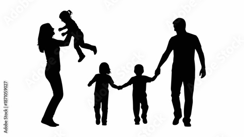 Silhouette of a happy family with three children enjoying time together.