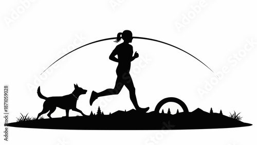 Silhouette of a woman running with her dog outdoors.