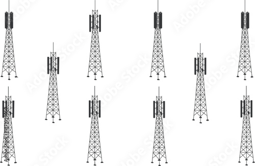 Collection of telecommunication towers with antennas, mobile signal transmitters, wireless communication infrastructure design, network technology, and cellular base stations illustration
