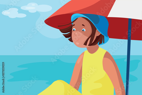 The girl on the background of the sea looks forward and the wind plays with her hair