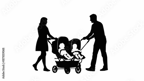 Parents Pushing Twin Stroller Silhouette.