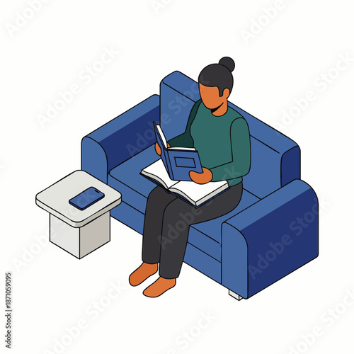 Isometric illustration: Woman reading book on blue sofa at home. Leisure, relaxation, quiet time, modern interior design with smartphone on side table.