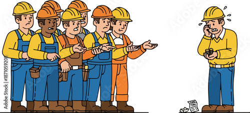 Construction workers looking confused at a man on the phone.