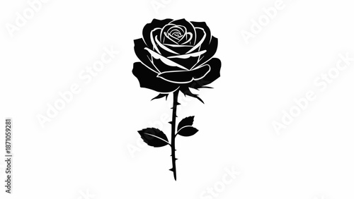 Single Black Rose Silhouette with Stem and Leaves.