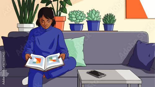 Illustration of a person relaxing at home, sitting on a sofa and reading a book, surrounded by potted plants. Depicts leisure, comfort, and a peaceful domestic scene.